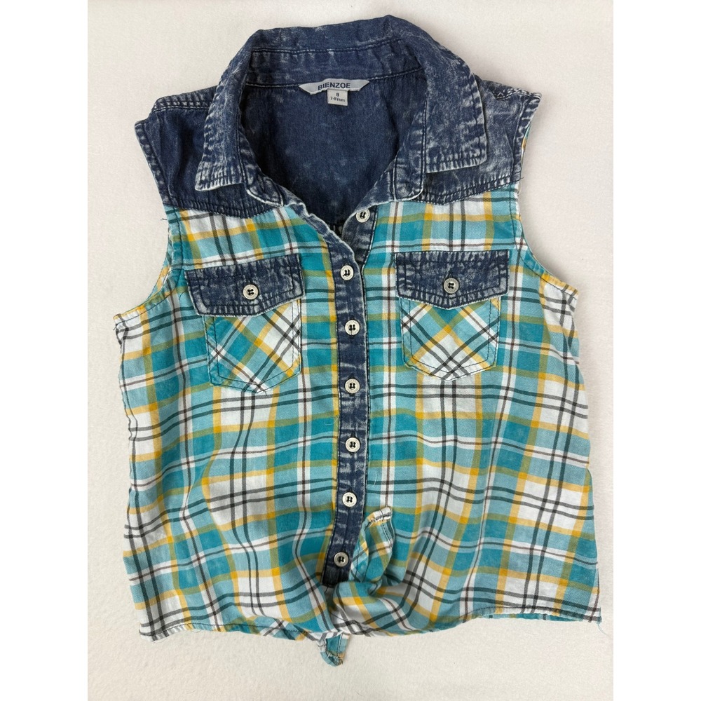Bienzoe Girls Plaid Denim Sleeveless Button Up‎ Shirt Size 8 7-8 Years
